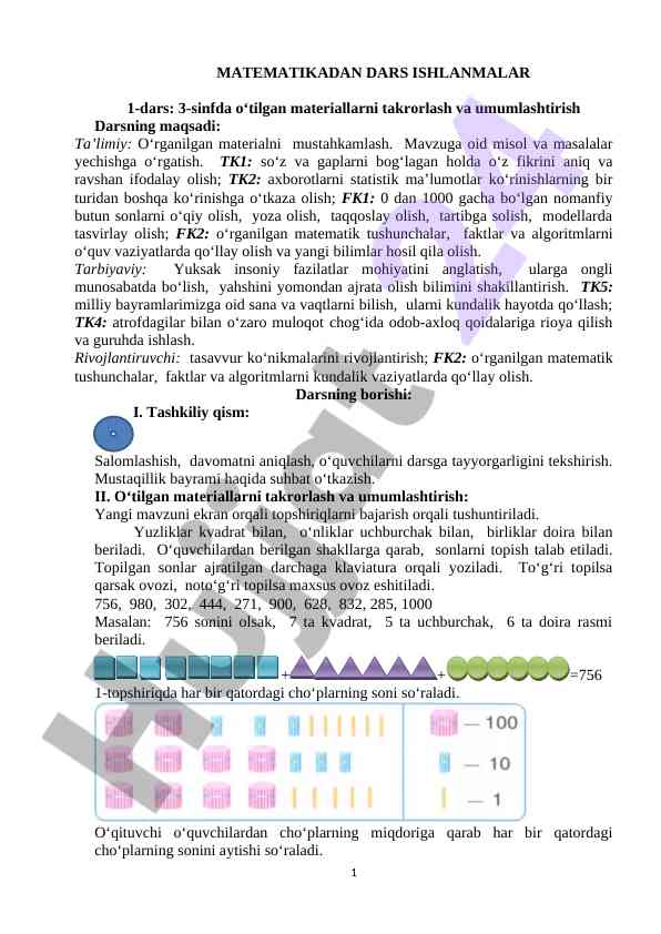 Matematika dars ishlanmalari 3-sinf takrorlash