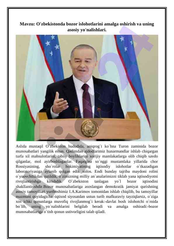 O'zbekistonda bozor islohotlarini amalga oshirishi