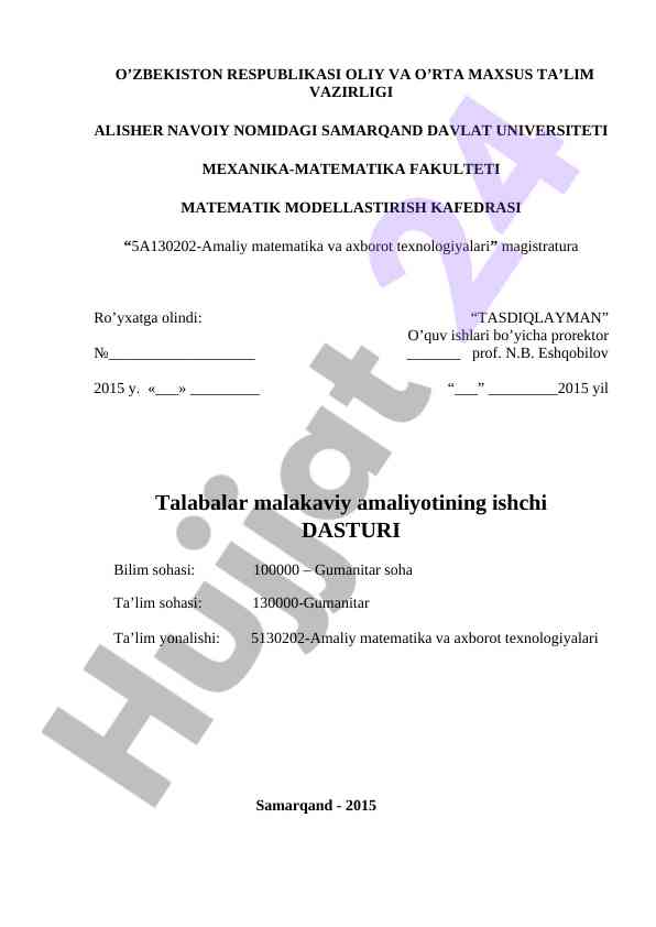 Malakaviy amaliyotning ishchi dasturi