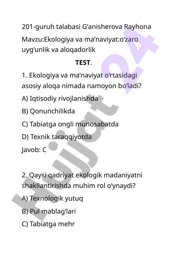 Ekologiya va maʼnaviyat oʻzaro uygʻunlik testi
