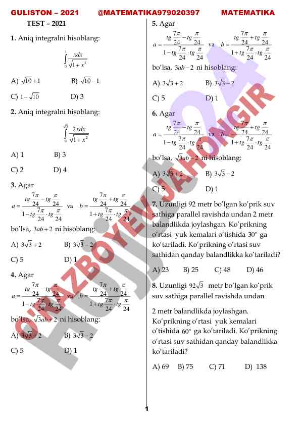 Matematika 1 test savollari 2021