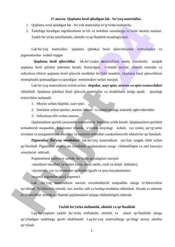 Qoplama hosil qiladigan lak - bo‘yoq materiallari