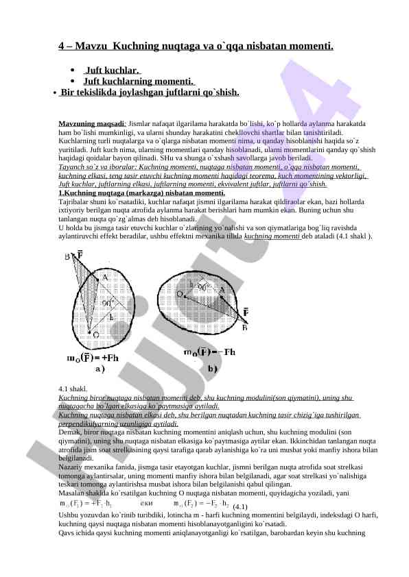 Kuchning nuqtaga va o`qqa nisbatan momentlari