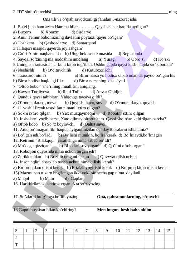 Ona tili va o‘qish savodxonligi 5-nazorat ishlari