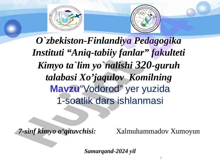 Vodorod dars ishlanmasi 7-sinf kimyo uchun