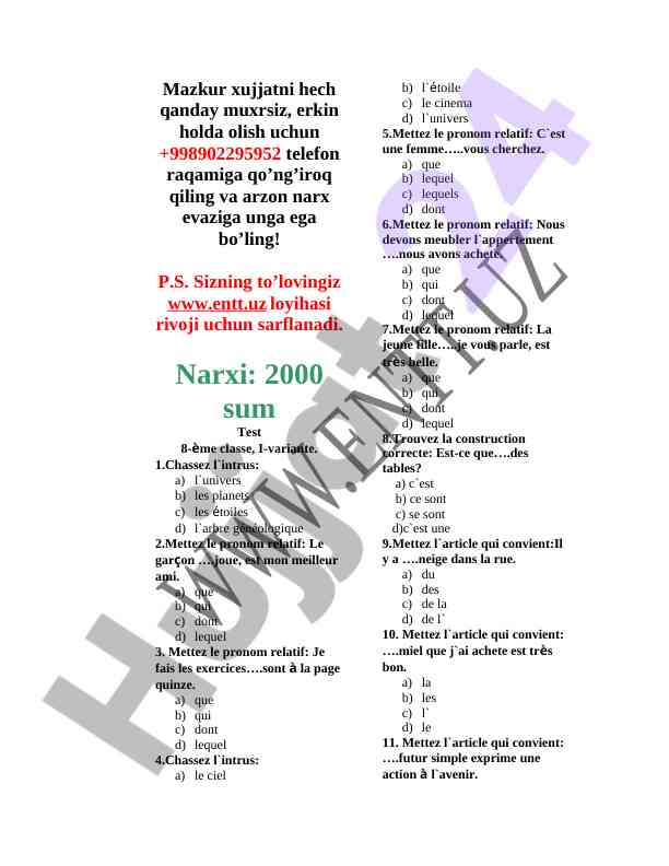 Test 8-ème classe i-variante savollari