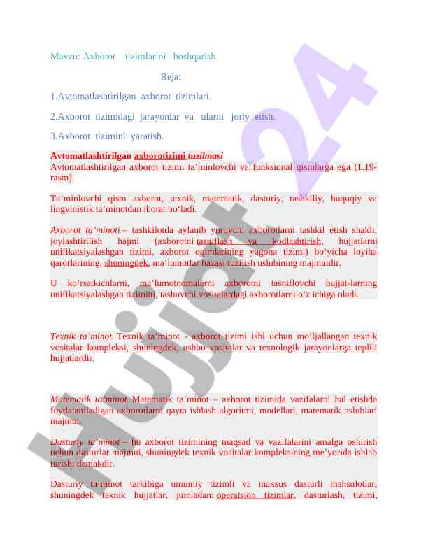 Axborot tizimlarini boshqarish mavzusidagi reja