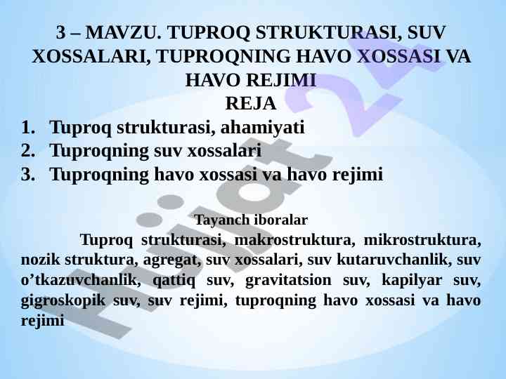 Tuproq strukturasi va suv xossalari tahlili