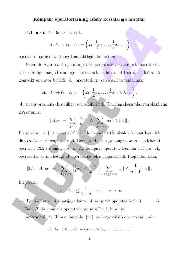 Kompakt operatorlarning asosiy xossalari misollar