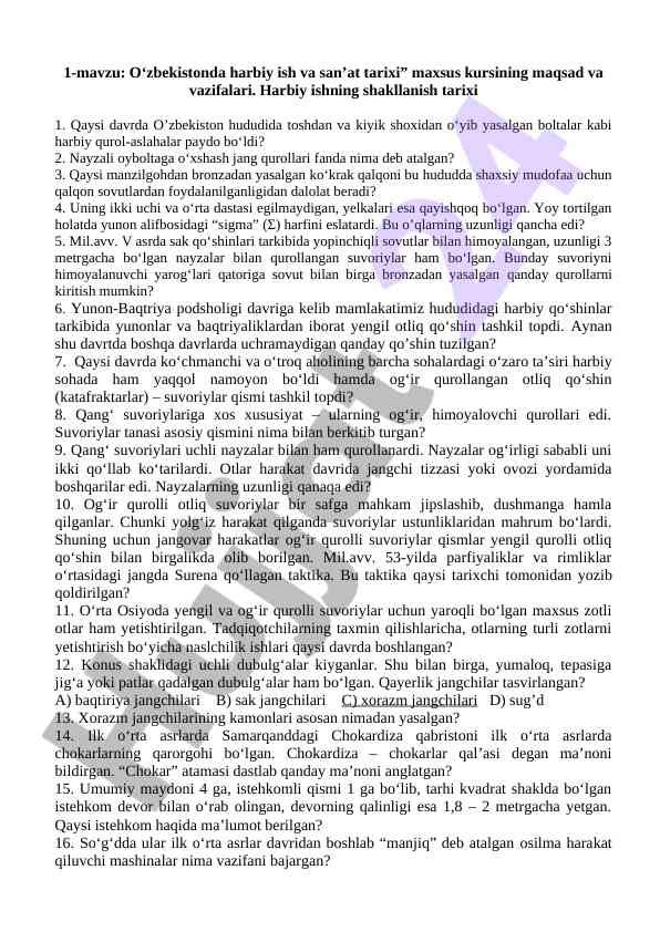 O‘zbekistonda harbiy ish va san’at tarixi maxsus kurs