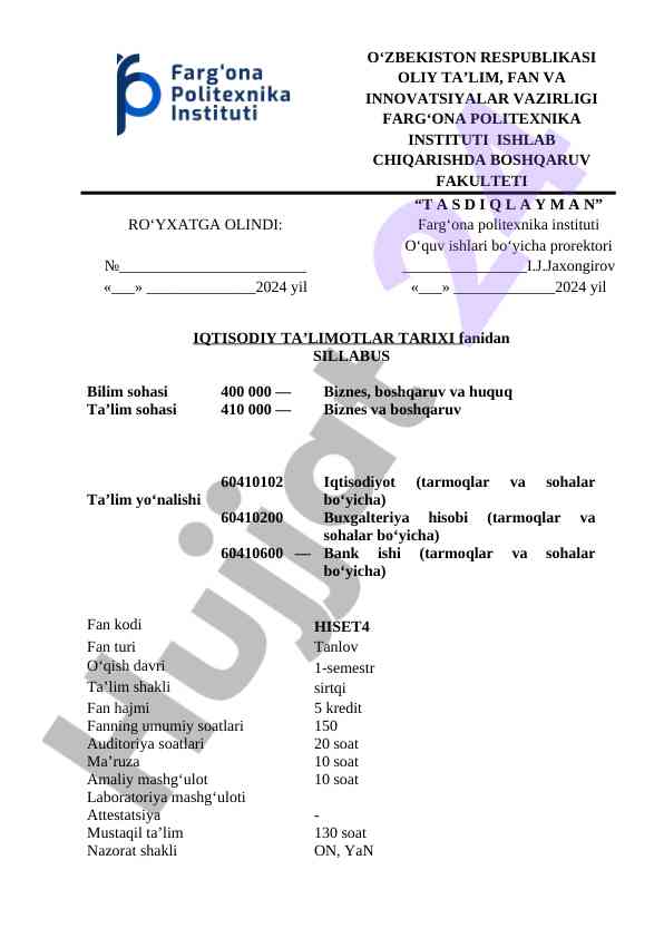 Iqtisodiy ta’limotlar tarixi fanidan syllabus