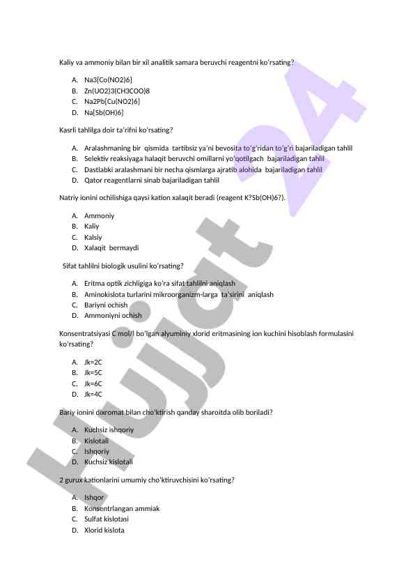 Analitik kimyoviy reagentlar bo'yicha tahlil usullari