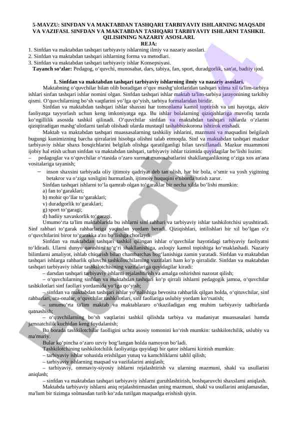 Sinfdan va maktabdan tashqari tarbiyaviy ishlar