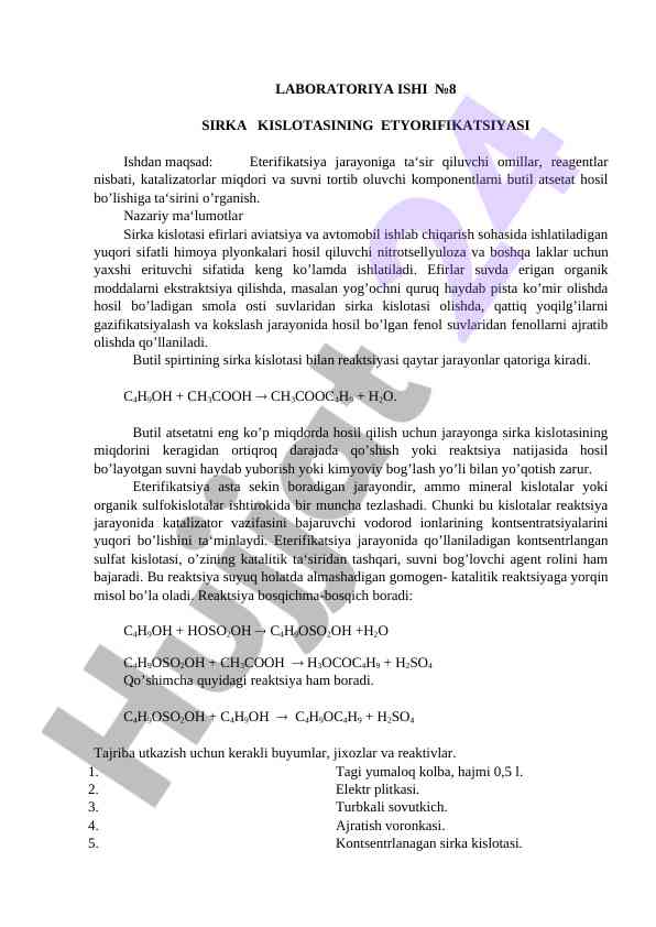 Sirka kislotasining eterifikatsiya jarayoni tahlili