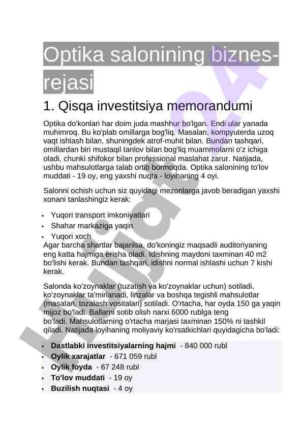 Optika salonining biznes-rejasi