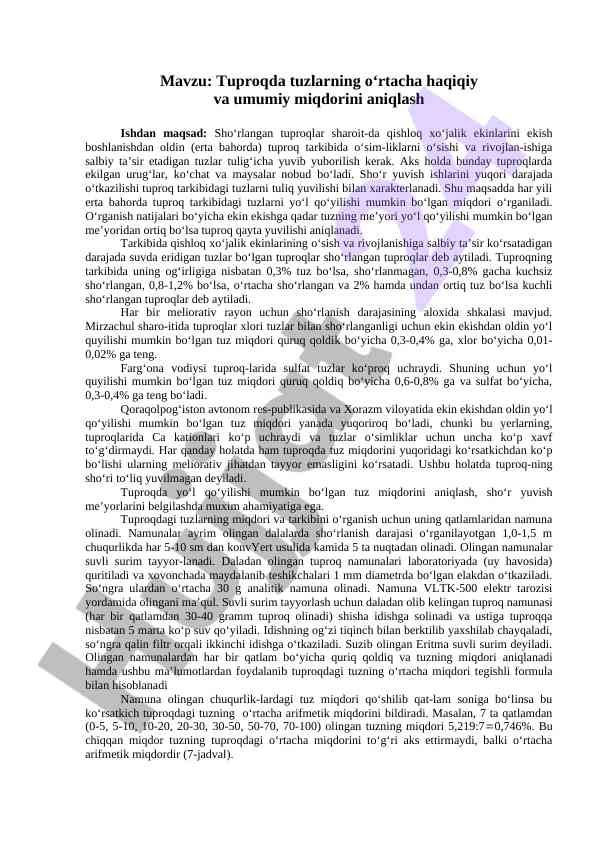Tuproqda tuzlarning o‘rtacha miqdorini aniqlash