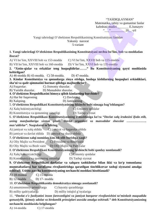 O‘zbekiston respublikasining konstitutsiyasi test variant 5