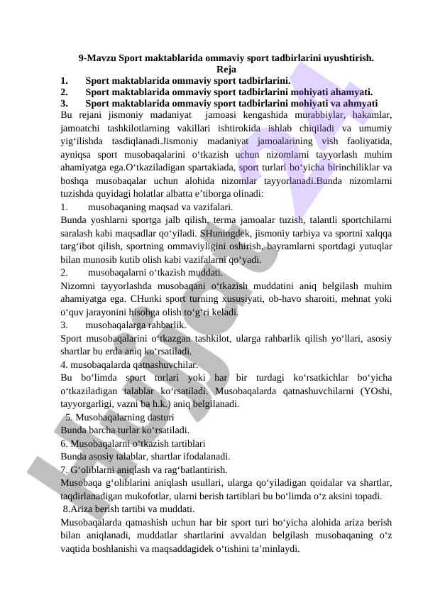 Ommaviy sport tadbirlarini o‘tkazish rejasi