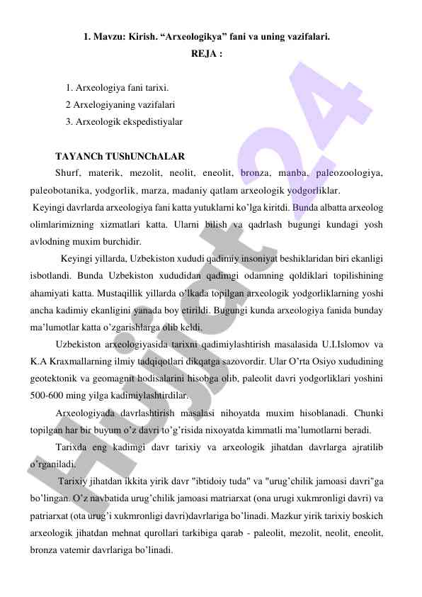 Arxeologiya fani va uning vazifalari