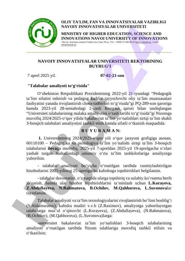 Talabalar amaliyoti tashkil etish tartibi