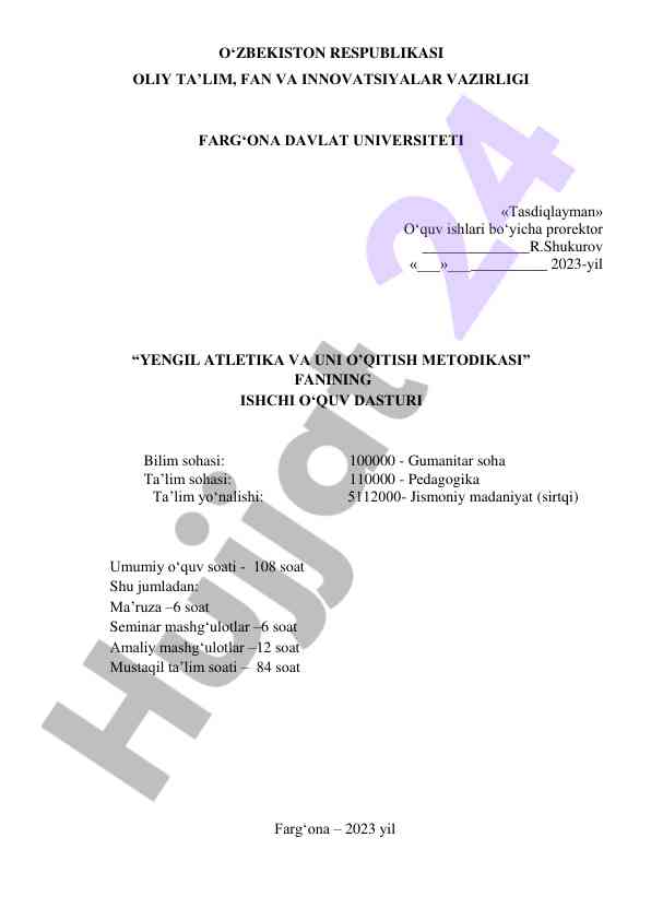 Yengil atletika va uni o‘qitish metodikasi dasturi