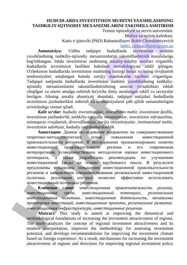 Hududlarda investitsion muhitni yaxshilash