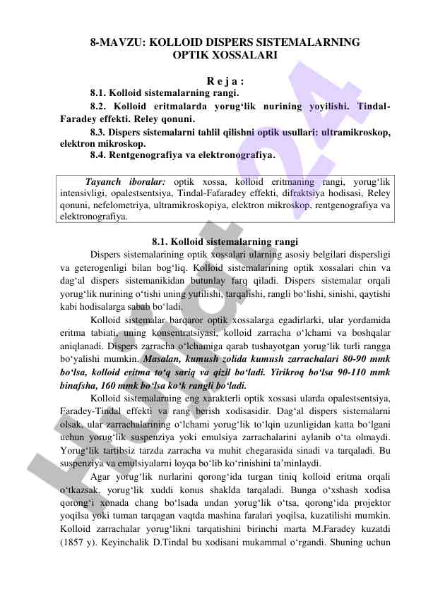 Kolloid dispers sistemalarining optik xossalari