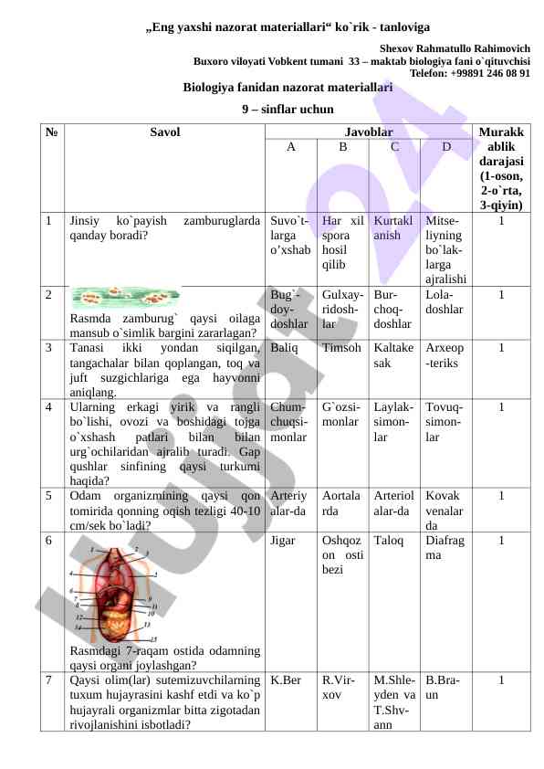 Eng yaxshi nazorat materiallari biologiya fanidan