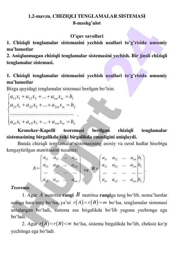 Chiziqli tenglamalar sistemasining yechim usullari
