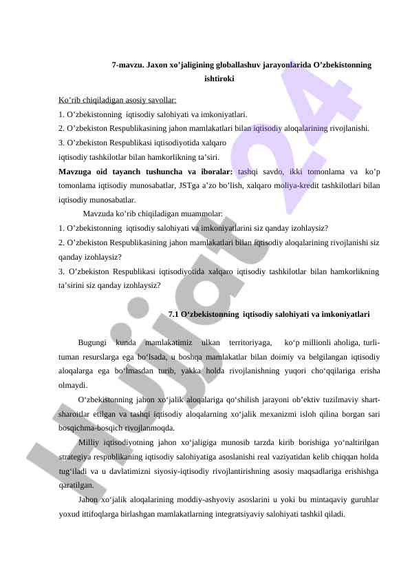 O‘zbekistonga xalqaro iqtisodiy hamkorlik taqdimoti