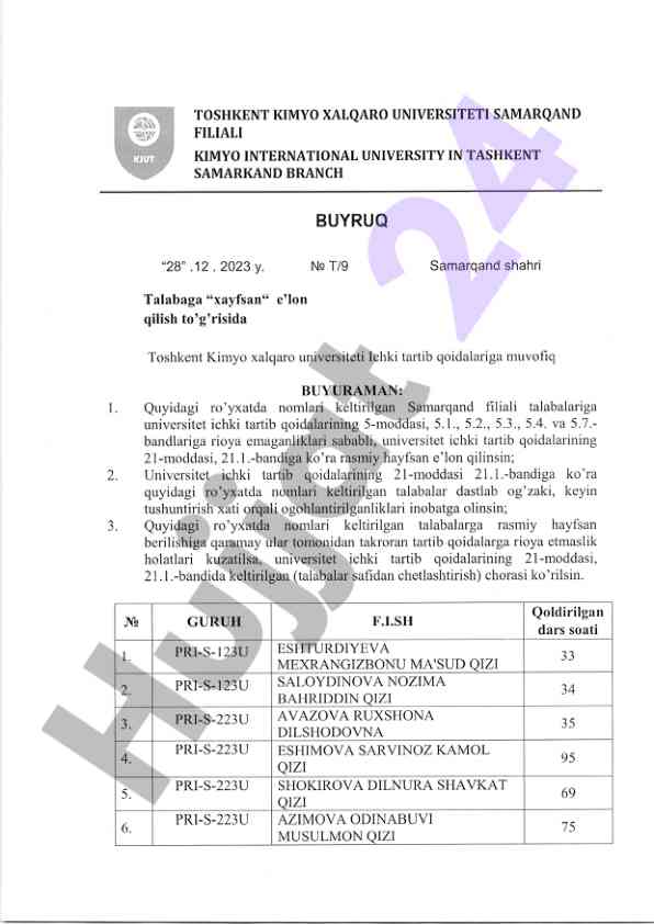 Toshkent kimyo xalqaro universiteti qoidalari