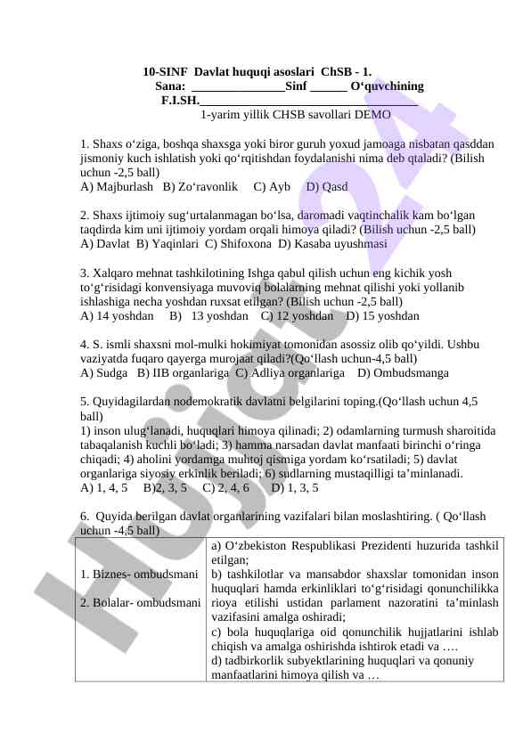 10-sinf davlat huquqi asoslari test savollari