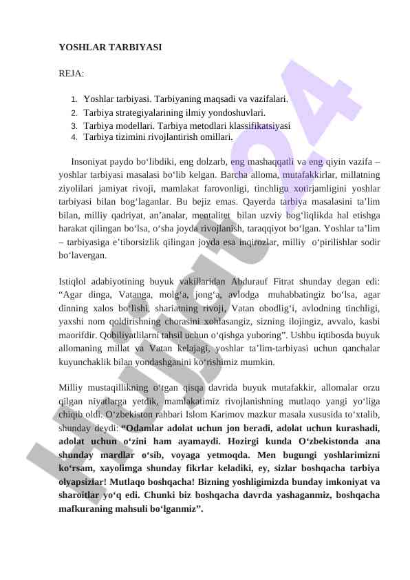 Yoshlar tarbiyasi rejasi va strategiyalari