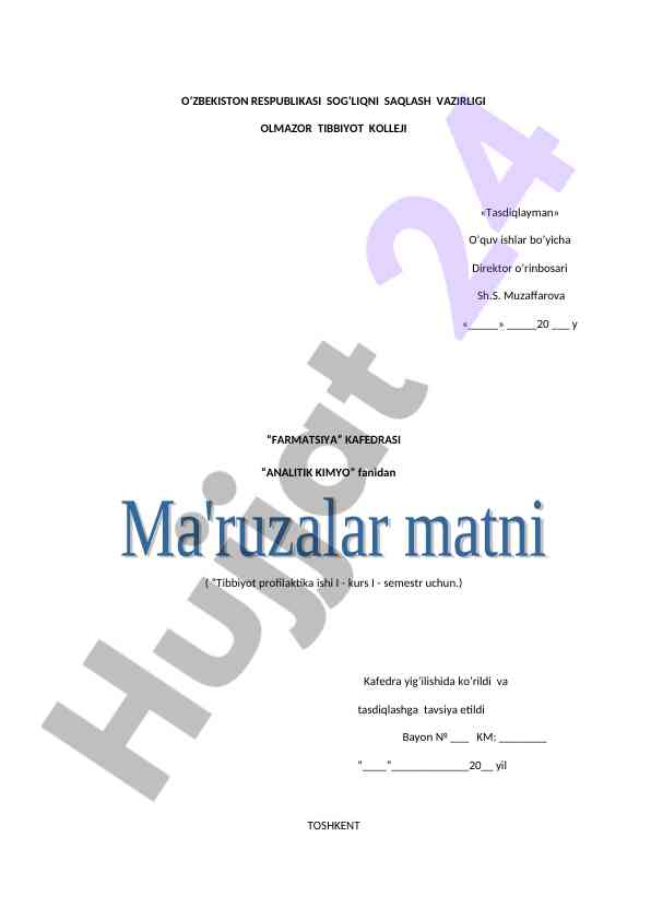 Analitik kimyo fanidan o‘quv jarayoni ma'ruzasi