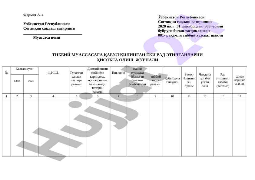 Tibbiy muassasalarga qabul qilingan hujjatlar