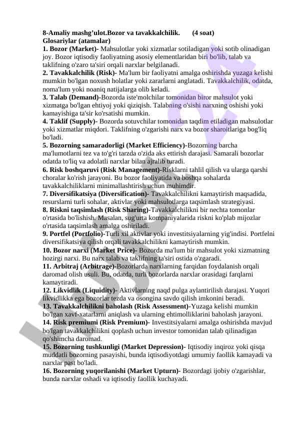 Bozor va tavakkalchilik amaliy mashg‘uloti