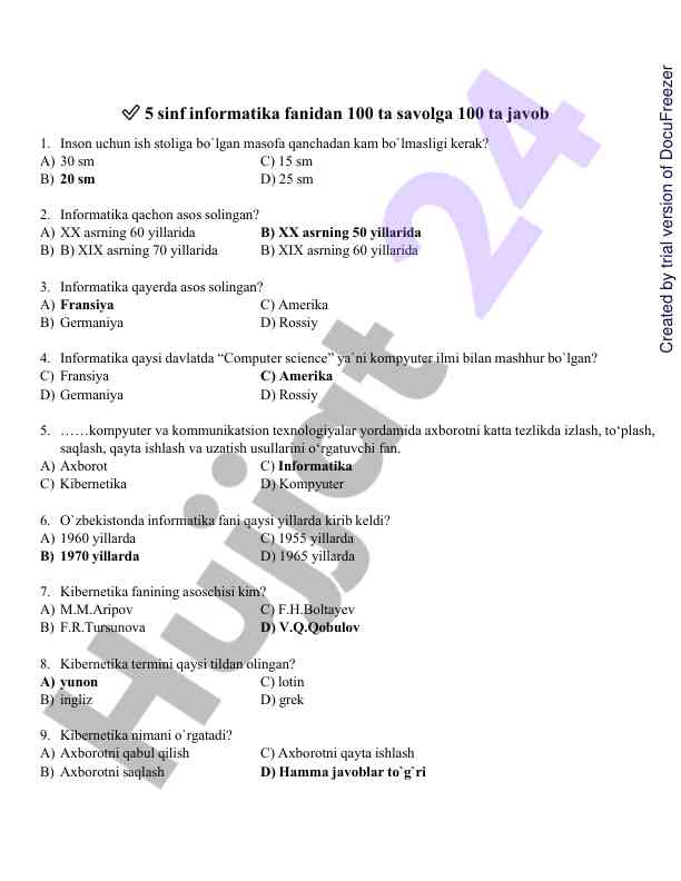 Informatika fanidan savollar va javoblar