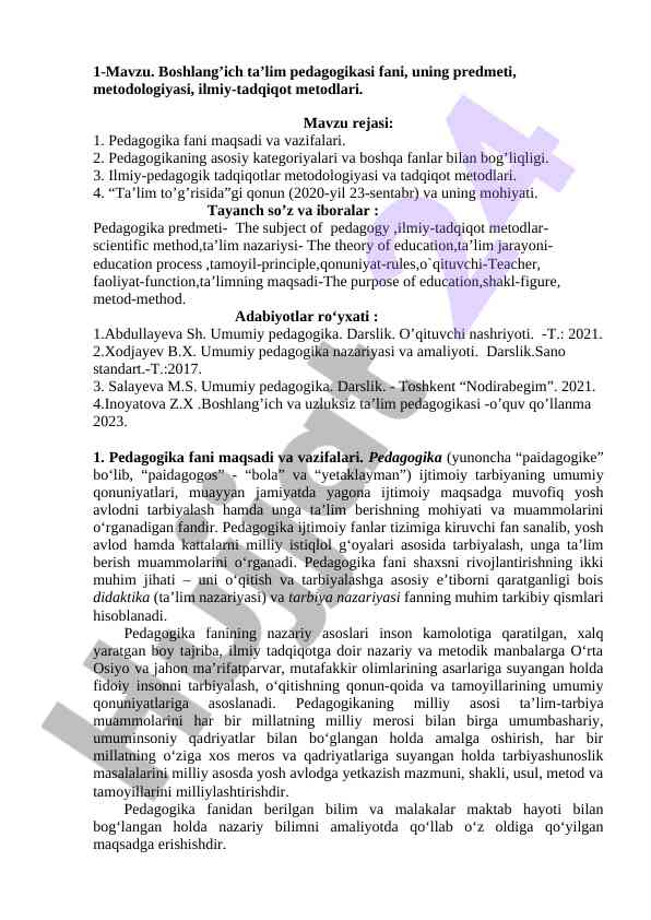 Boshlang’ich ta’lim pedagogikasi fani va metodologiya