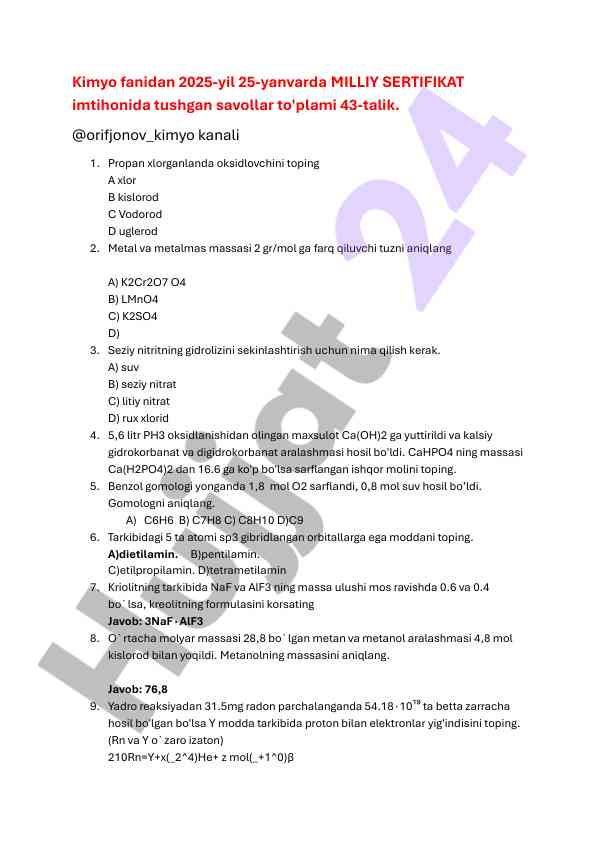 Kimyo fanidan sertifikat imtihon savollari