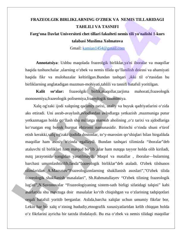 Frazeologik birliklarning o‘zbek va nemis tillardagi tahlili