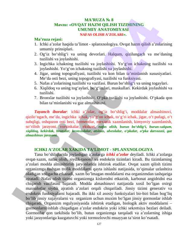 Ovqat hazm qilish tizimining umumiy anatomiyasi mavzusi