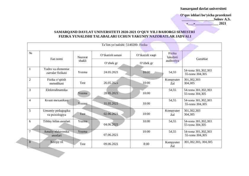 Fizika yunalishi talabalari uchun yakuniy nazoratlar jadvali