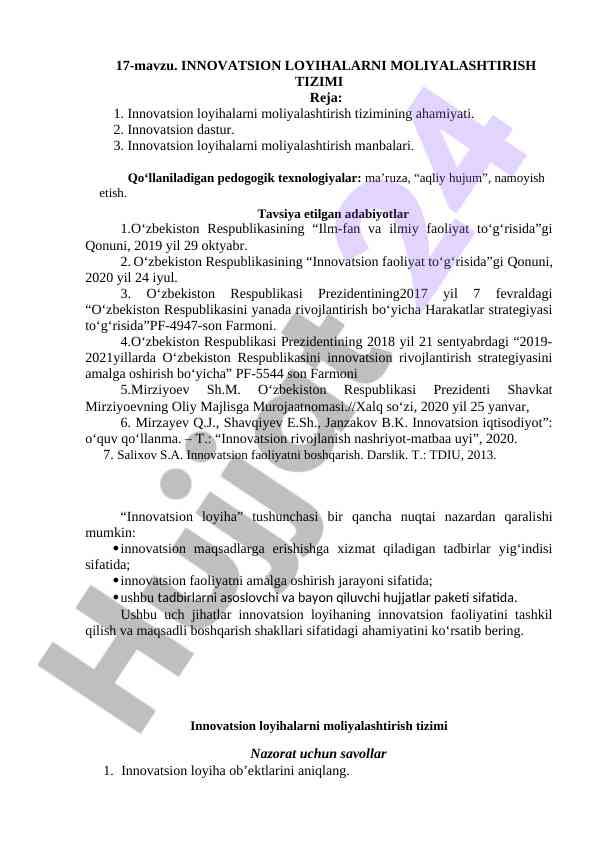Innovatsion loyihalarni moliyalashtirish tizimi