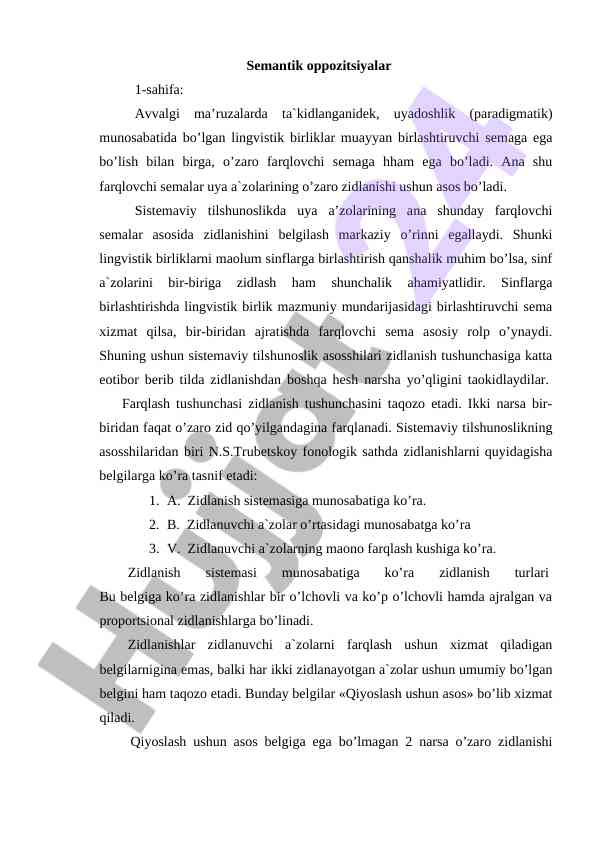 Semantik oppozitsiyalarning tahlili va muammolari
