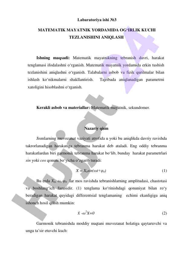 Matematik mayatnik yordamida og‘irlik kuchini aniqlash