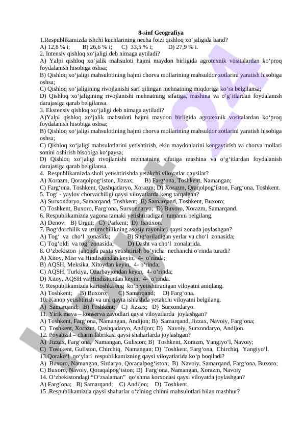 Savollar bilan qishloq xo‘jaligi testi