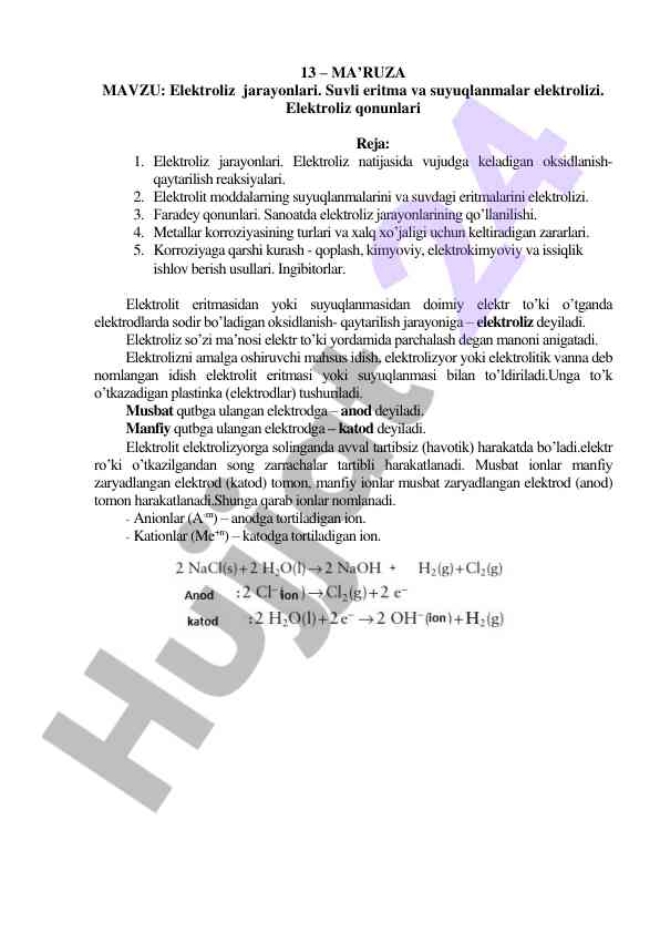 Elektroliz jarayonlari va faradey qonunlari