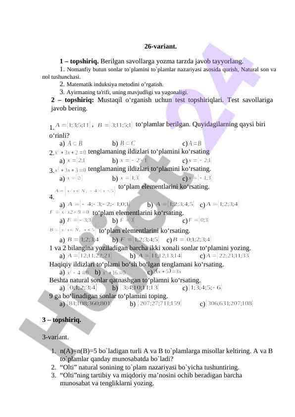 Matematik Induksiya Metodi Va To'plamlar Nazariyasi 26-variant