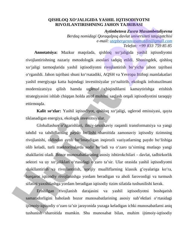 Qishloq xo‘jaligida yashil iqtisodiyot tajribasi