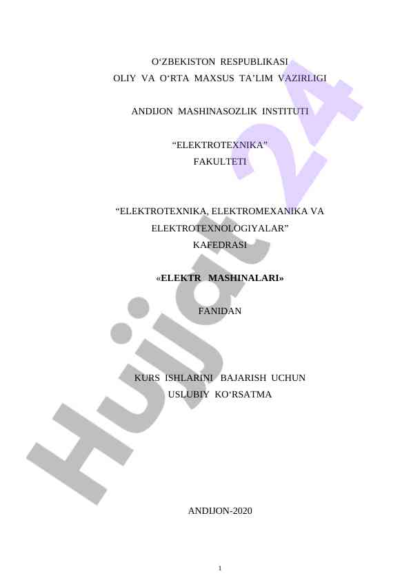 Elektr mashinalari fanidan kurs ishlari uslubiy koʻrsatma